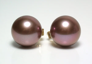 11.5mm metallic "Edison" pink-bronze pearl & 9 carat gold earrings