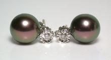 Load image into Gallery viewer, 9.5mm peacock Tahitian pearl, diamond &amp; 18ct white gold earrings