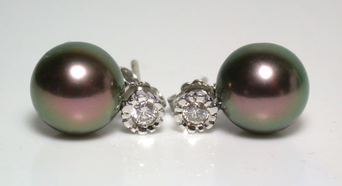 9.5mm peacock Tahitian pearl, diamond & 18ct white gold earrings