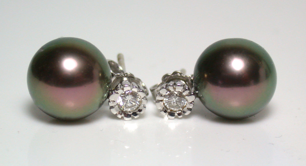 9.5mm peacock Tahitian pearl, diamond & 18ct white gold earrings