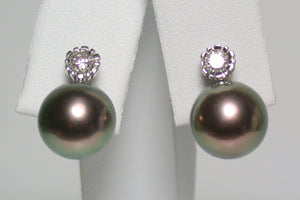 9.5mm peacock Tahitian pearl, diamond & 18ct white gold earrings