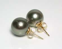 Load image into Gallery viewer, 10.5mm pistachio Tahitian pearl &amp; 18 carat gold earrings