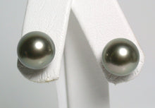 Load image into Gallery viewer, 10.5mm pistachio Tahitian pearl &amp; 18 carat gold earrings